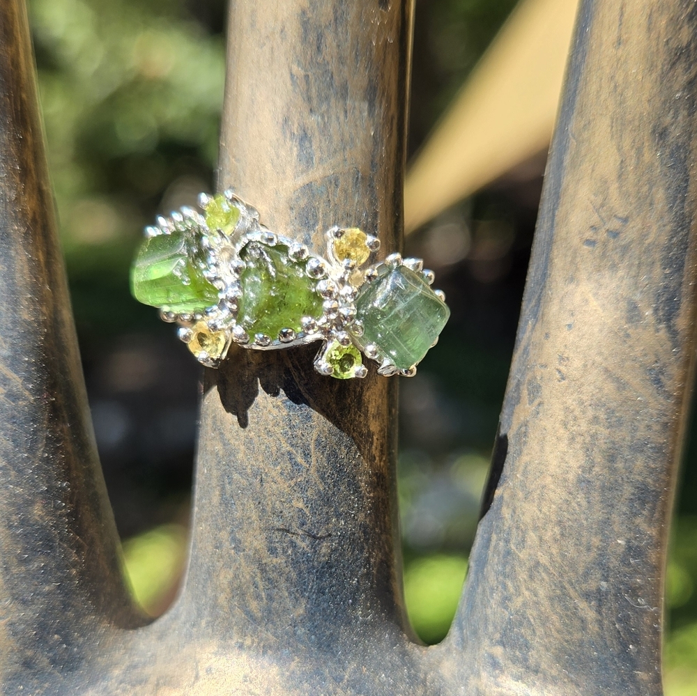 Tourmaline Natural Citrine & Peridot Sterling & White Gold Ring Sz7.5 - Picture 4 of 8
